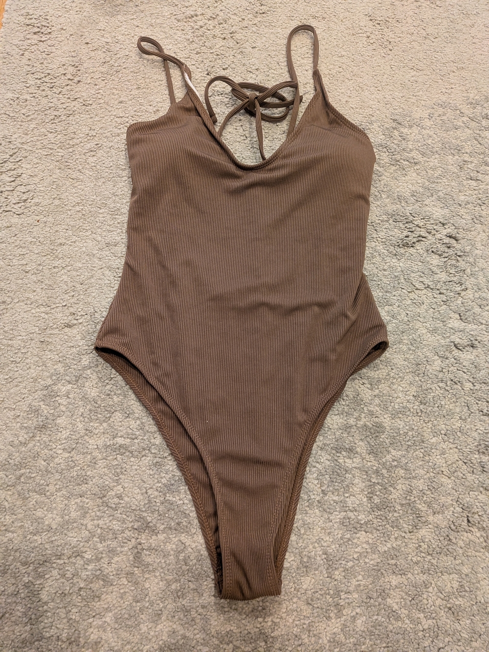 Ribbed Brown One-Piece Swimsuit with Crisscross Back